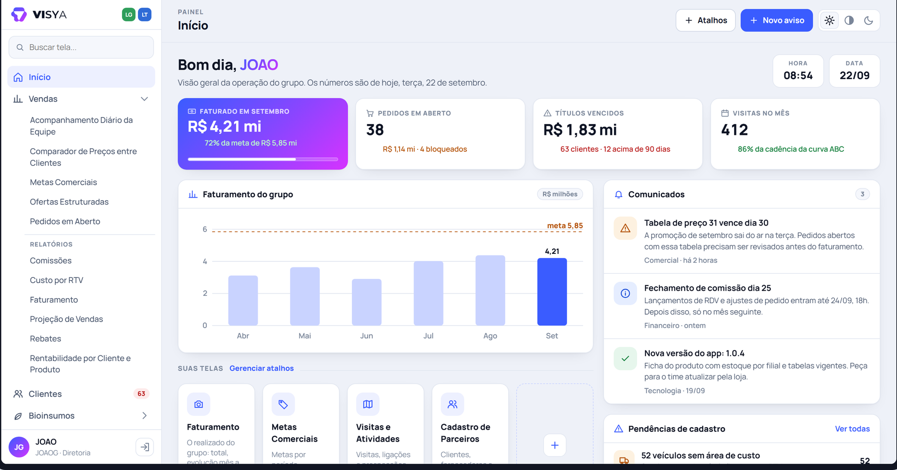 Painel web da Visya: faturamento do grupo, pedidos em aberto, títulos vencidos e visitas do mês.